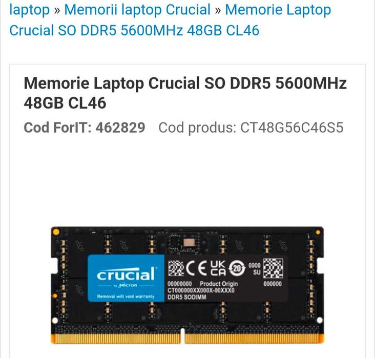 Memorie RAM SODIMM Crucial DDR5 5600 MHz 2X48GB KIT CL46