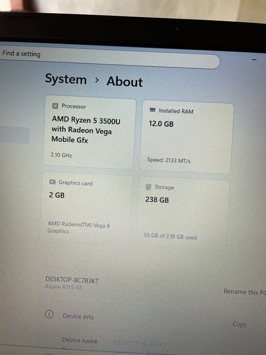 Acer Aspire A315, Procesor Ryzen 5, 12 g  ram, ssd , baterie buna