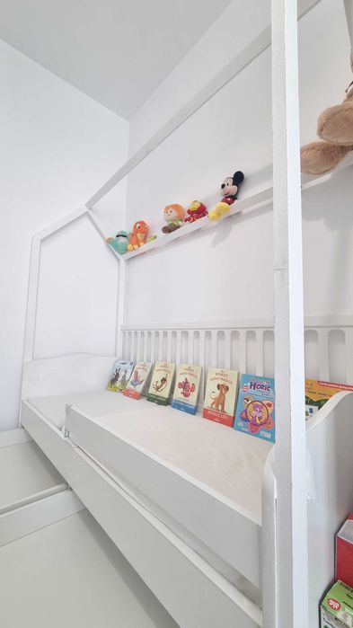 Pat copii stil Montessori din lemn cu sertare + saltele