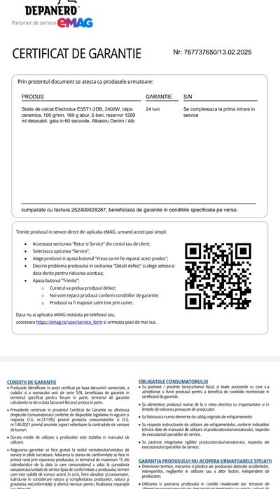 Statie de călcat Electrolux Garantie