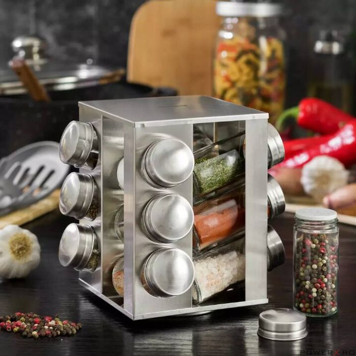 Set 12 recipiente pentru condimente, cu suport, inox si sticla,