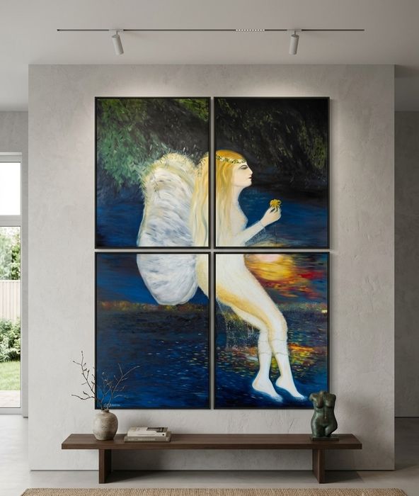 Tablou poliptic (set 4 piese) „Nimfă la apus” – Pictură în ulei, 140x200 cm, semnat