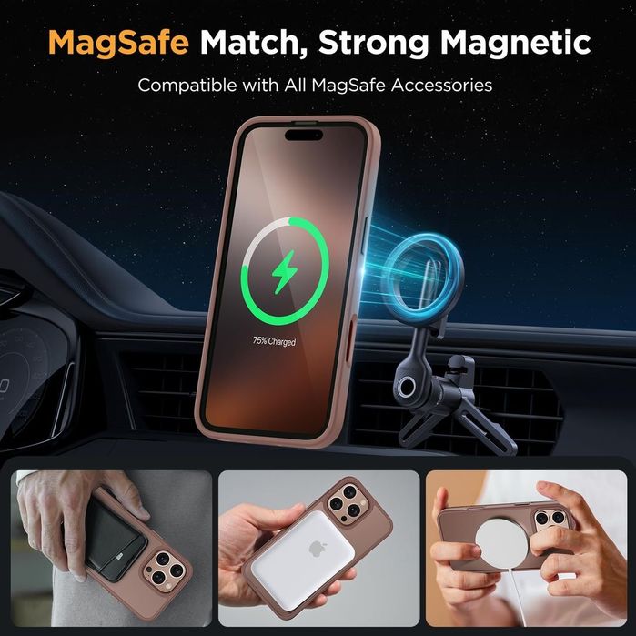 Husă magnetică iPhone 16 Pro Max MagSafe rezistentă la șocuri anti-amprente catifelată cu 2 protecții de ecran – Champagne 6,9"
