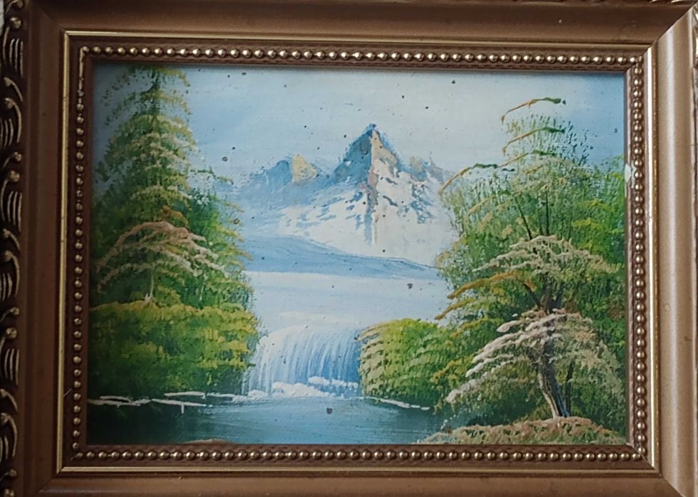 Tablouri, peisaje pe hârtie carton, unul mic pe panza, goblenuri