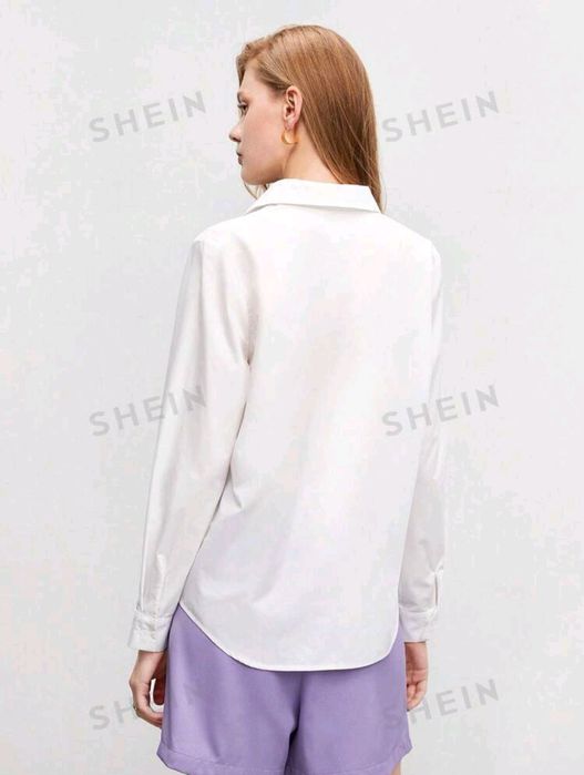 Oversized Бяла/Черна Дамска Риза с дълъг ръкав от памук и полиестер