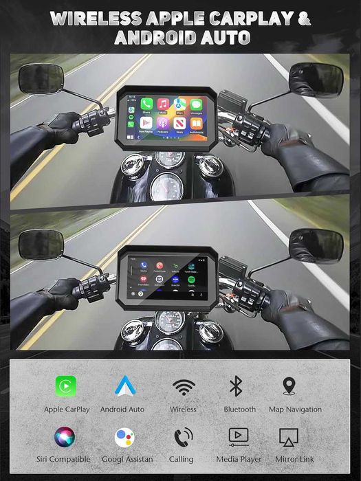 Мотоциклетен 5" IPS сензорен екран с безжичен CarPlay и Android Auto