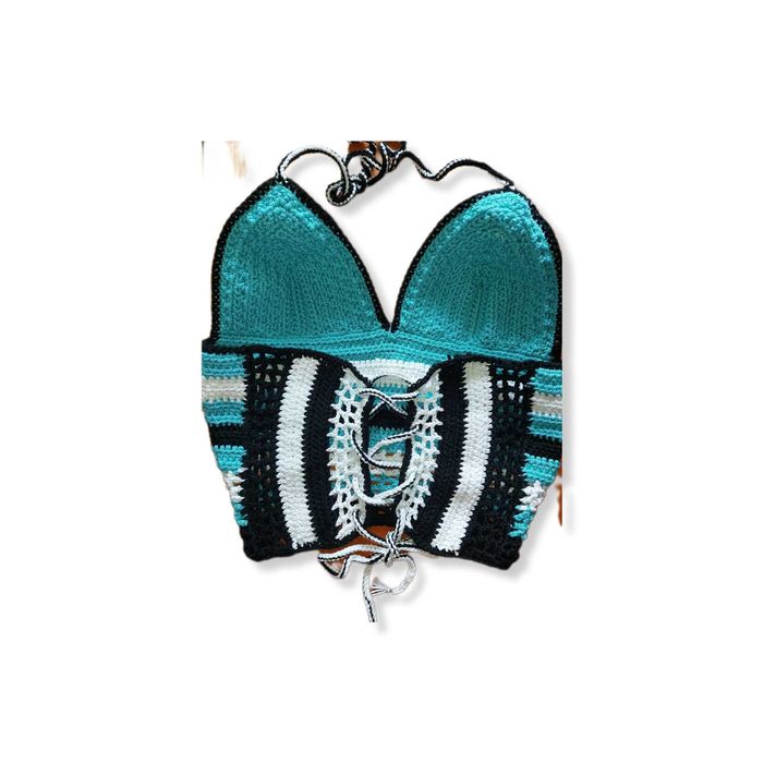 Crop top de vara crosetat manual, turqoise