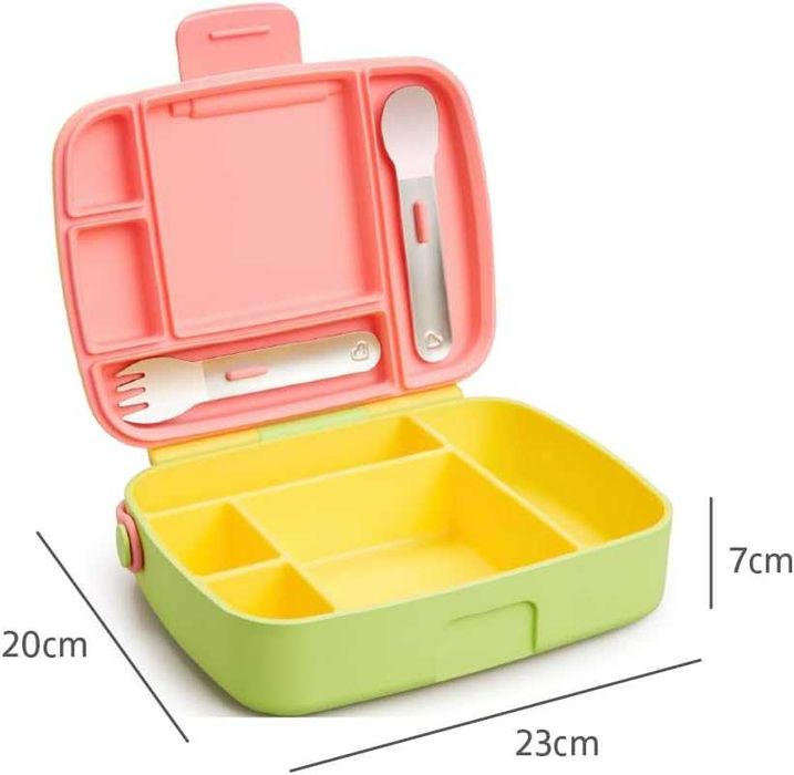 MUNCHKIN Bento Lunch Box – Детска кутия за храна с 5 отделения и прибори, жълта, 18+ месеца