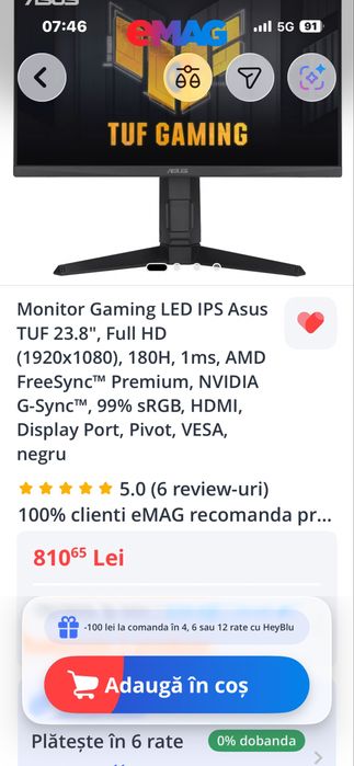 Vand monitor Asus Tuf Gaming 180hz, 23,8 inch in garantie