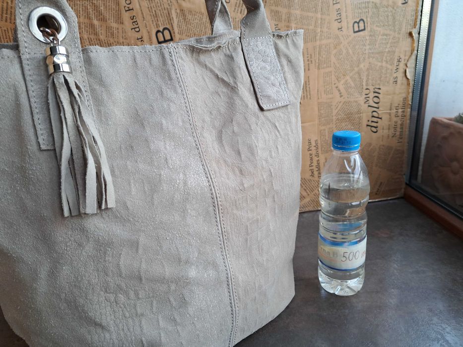 дамска чанта бежова,велурена торба-естествена кожа