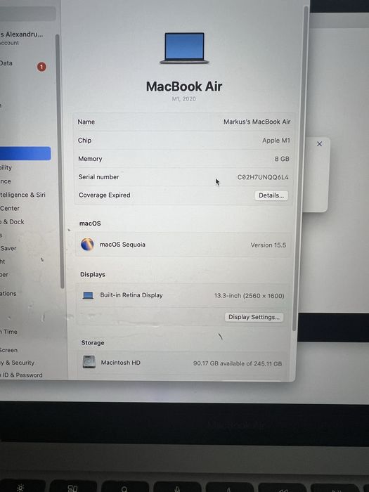 MacBook Air M1 ecran defect – 8GB / 256GB – Space Grey