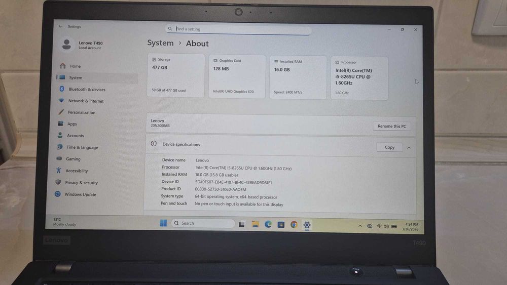 Vând laptop Lenovo ThinkPad T490 i5 16GB RAM 512 SSD