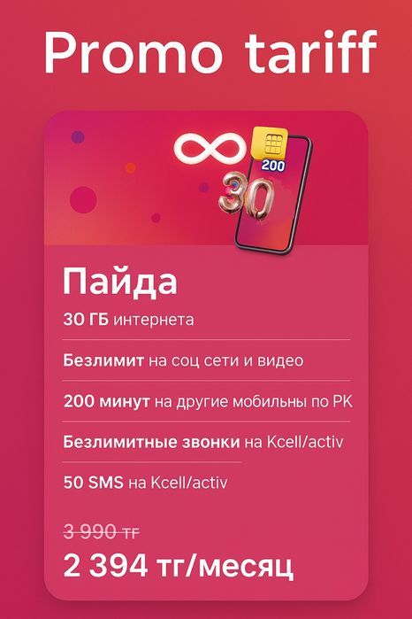 Продаю сим карты АКТИВ с тарифом пайда. Безлимит на соц сети