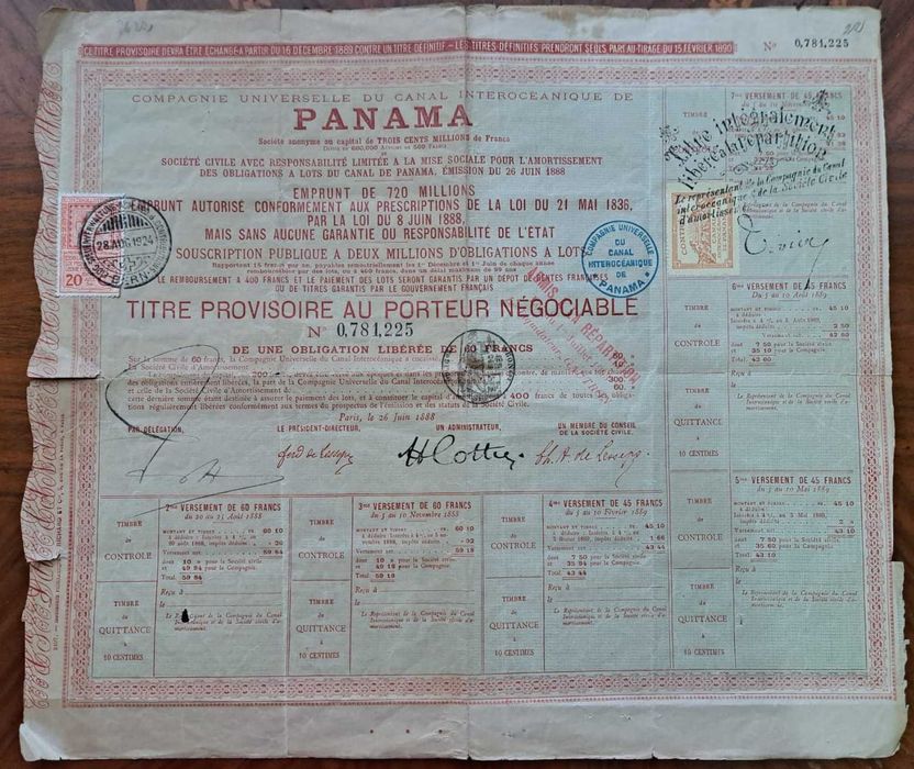 Obligațiune Istorică Canalul Panama (Anul 1888) – Piesă de Colecție / Scripofilie