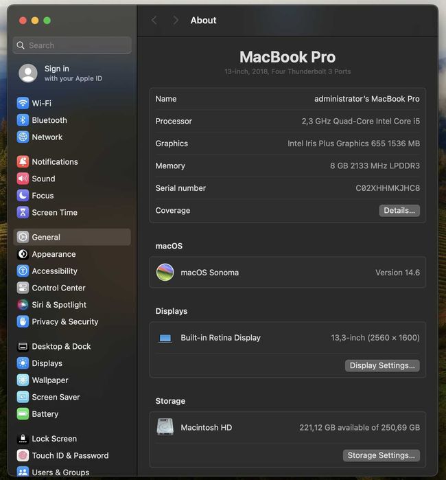 Apple MacBook Pro 13" 2018 intel Core i5/8GB RAM/250GB SSD