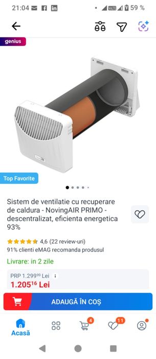 Sistem de ventilație cu recuperare de căldură / recuperator caldura  Noving Air Primo