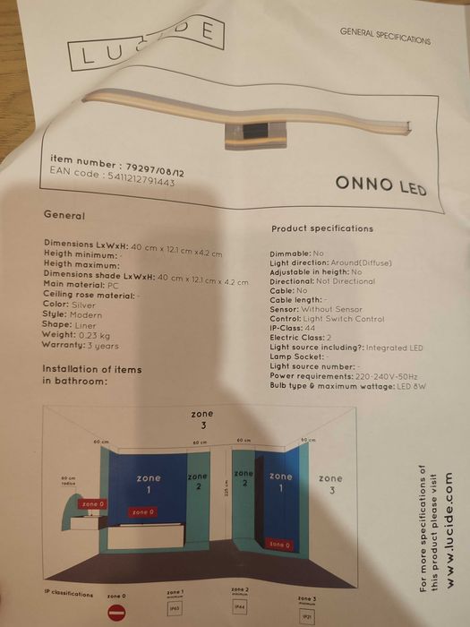 LED стенна лампа за баня ONNO LED 8W