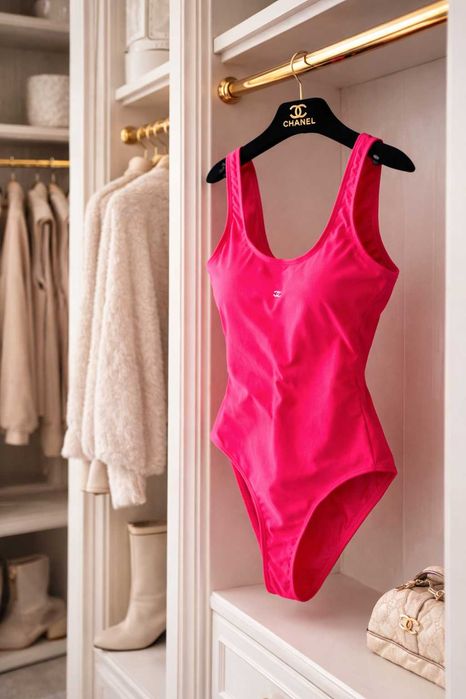 цикламен цял бански на шанел chanel дамски размер с нов топ розов