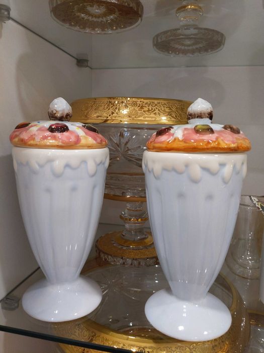 Винтажные стаканчики для мороженого сандей с крышками керамика