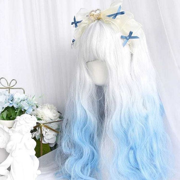 Kawaii Lolita Blue Gradient Чуплива аниме омбре перука бяла / синя