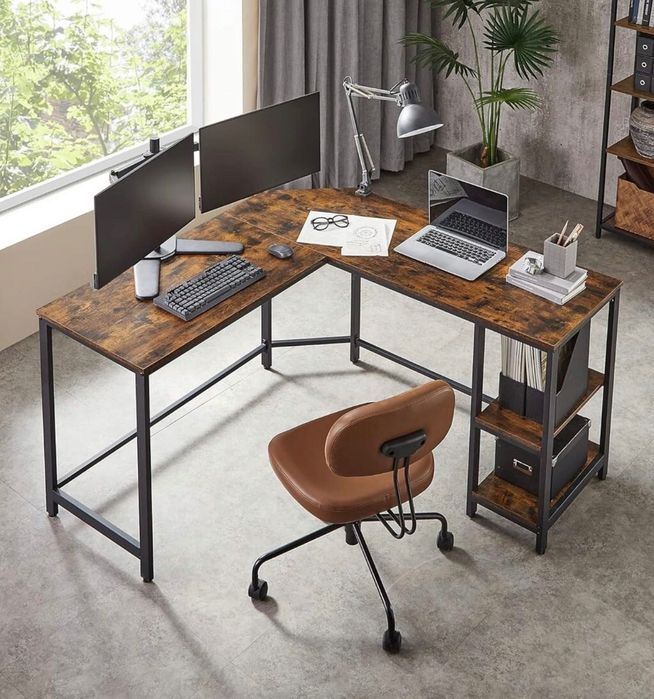 Birou de colt, Vasagle, 138 x 138 x 76 cm, PAL/fier, maro rustic