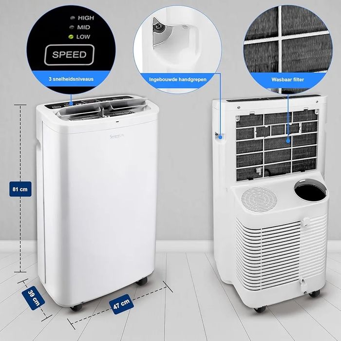 3-в-1 Мобилен климатик SereneLife 13000 BTU, охлаждане + вентилация + функция влагоуловител