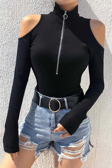 Скидки! Новый черный лонгслив в рубчик на молнии Турция