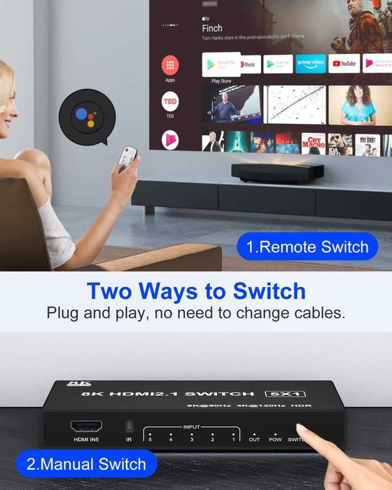 HDMI Splitter 8K 120Hz 5 in 1 cu telecomandă și suport HDR