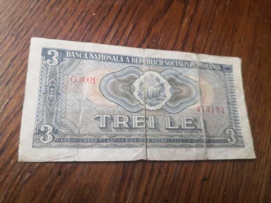 Bacnota de 3 lei din 1966.