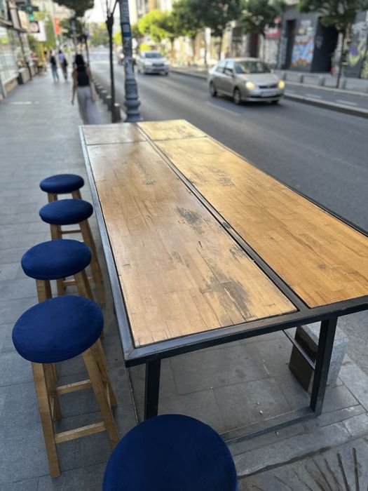 Set masa exterior cadru metalic blat stejar stratificat scaune bar