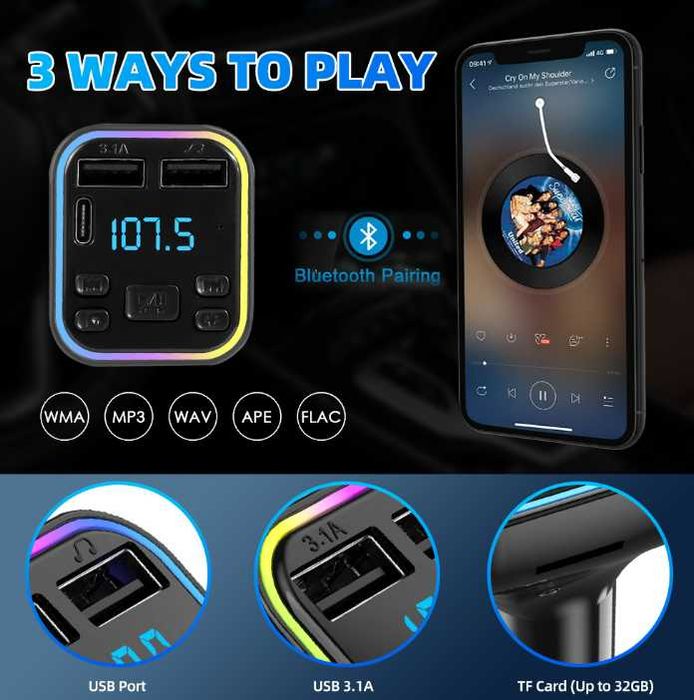 FM трансмитер Bluetooth с LED дисплей 2x USB и Type-C 3.1A