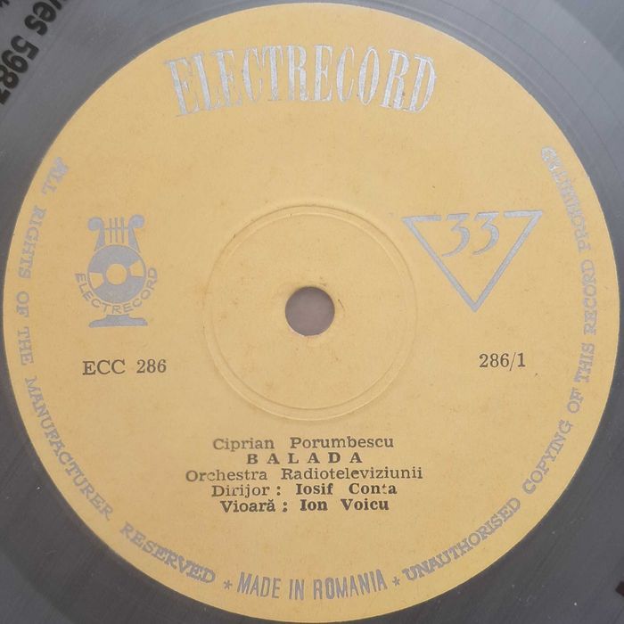 Disc vinil Ion Voicu, Ciprian Porumbescu, Pablo Sarasate- Balada/ Melodii lăutărești Electrecord ECC 286