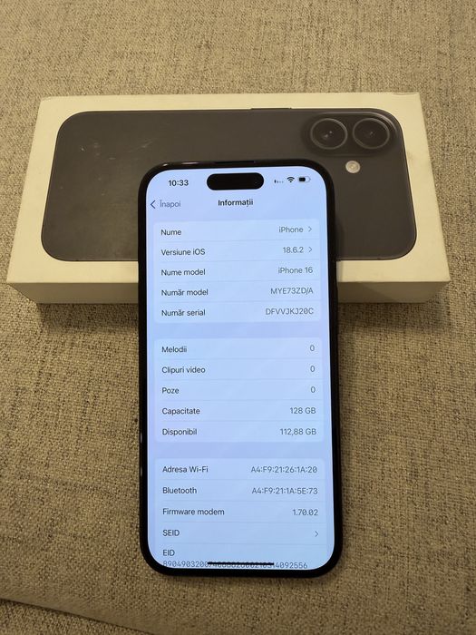 iphone 16 black 128gb baterie 100%, ca NOU