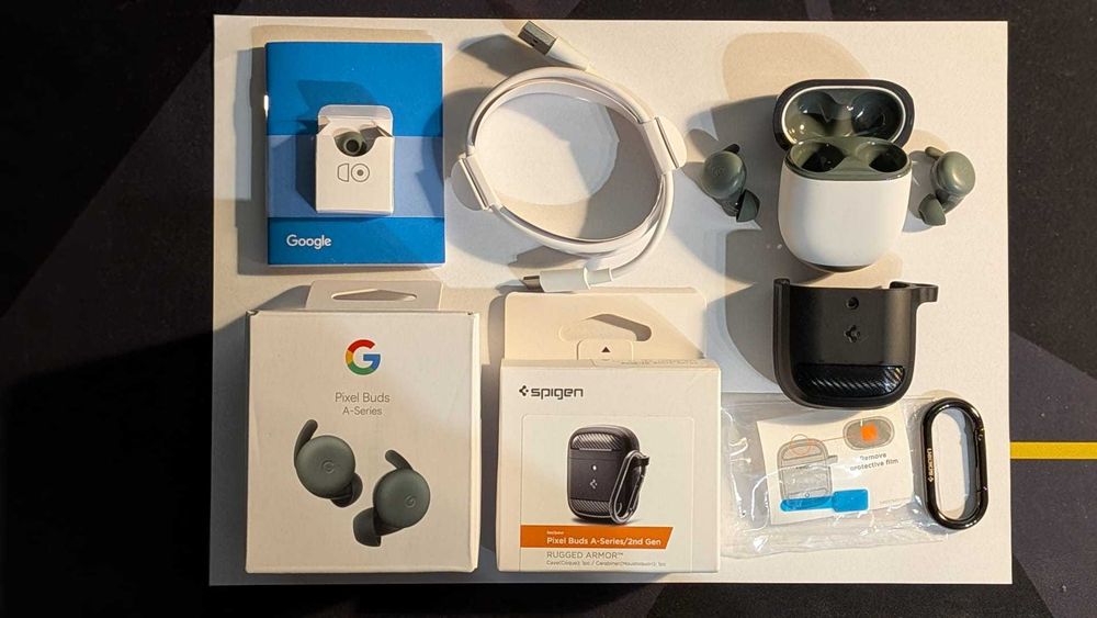 Google Pixel Buds A-Series, Dark Olive/Negru + Spigen Rugged Armor