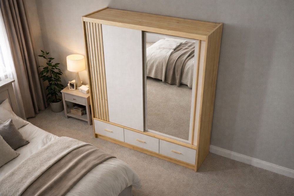 Șifonier modern  ,2 uși glisante + 3 sertare  culoare casmir/insertii lemn