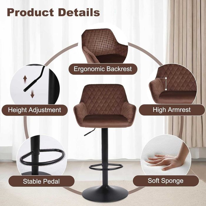 Set 2 scaune de bar maro, catifea, reglabile pe inaltime, rotative 360° – noi