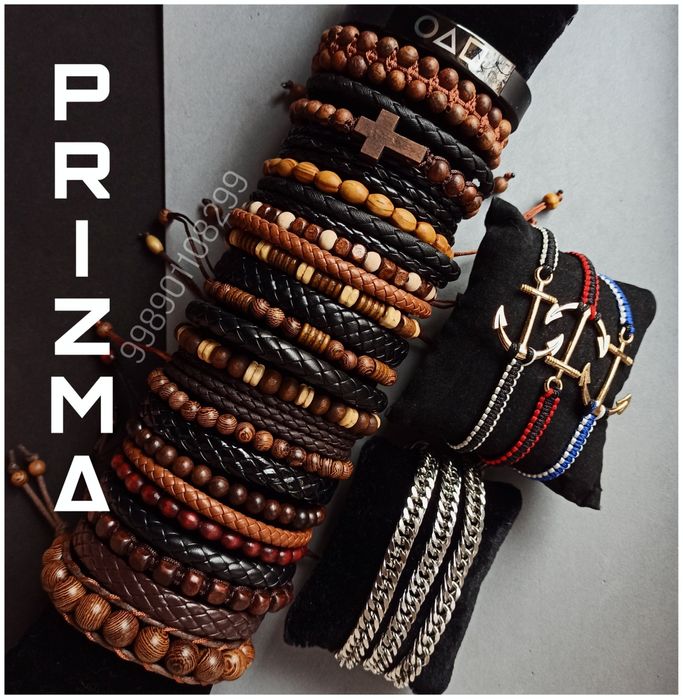 Мужской браслет классика кожзам акрил шнуры дерево.