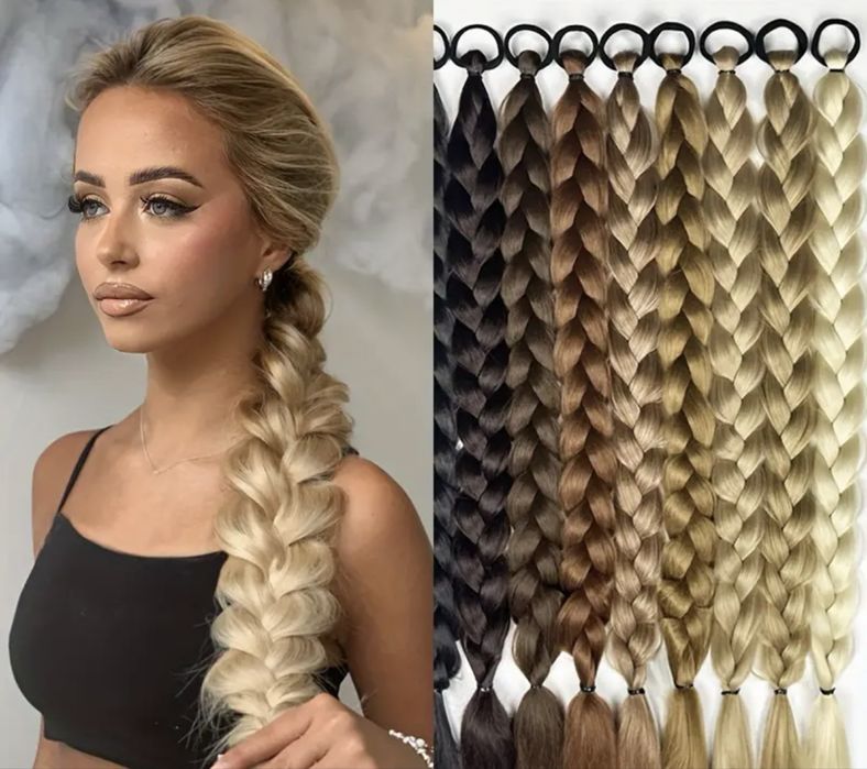 Плетена дълга опашка екстеншън с ластик , синтетична коса 60см