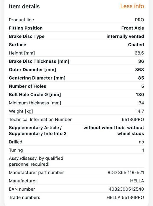 Предни спирачни дискове 5x130 HELLA