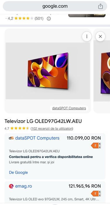 LG Oled Evo 97G4 245 cm 4K 120hz varf de gama nou