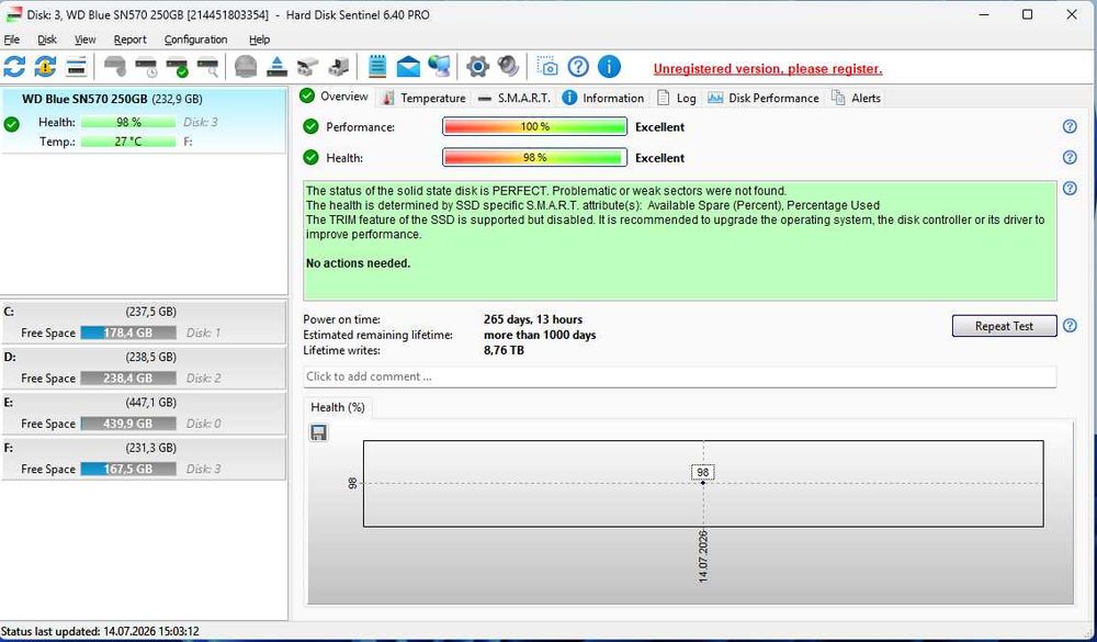 Vând SSD WD Blue SN570 NVMe M.2 250 GB – 98% Health