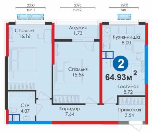 Круг Жоми, бизнес-класс, 3-комн. 64,9 м², сдача 2027 г. (XS)