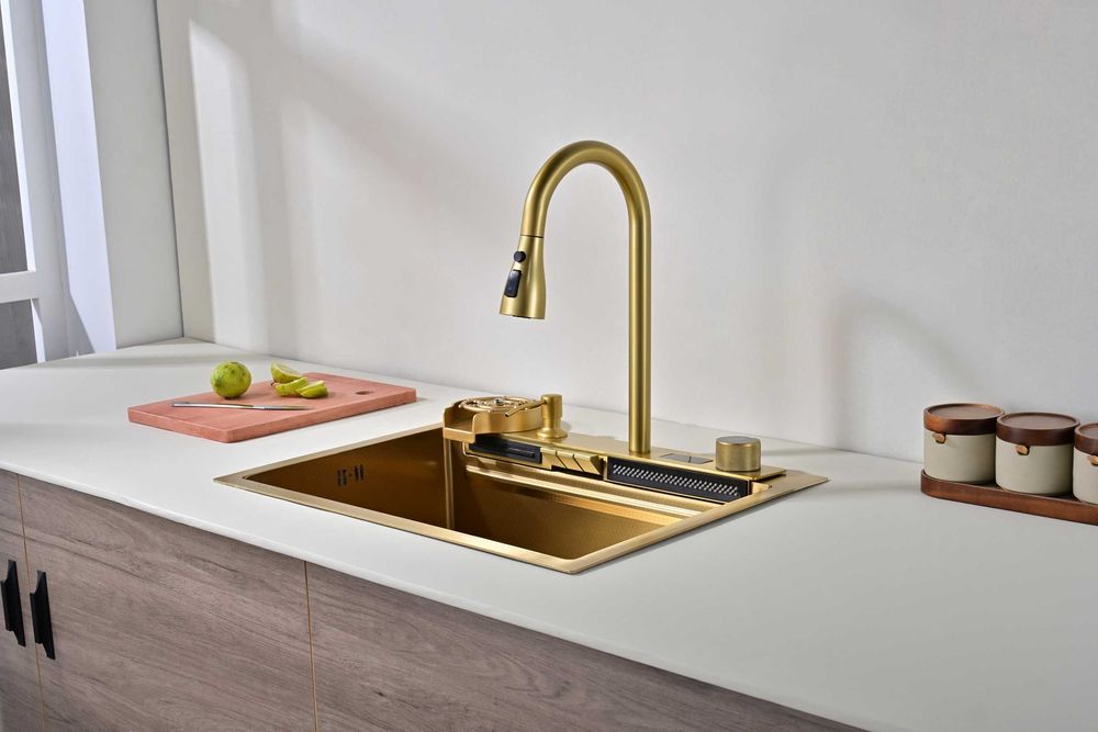 60см Златна мултифункционална кухненска мивка с двоен водопад