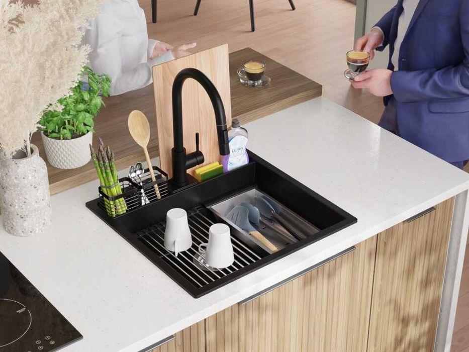 Черна кухненска мивка за вграждане Берген 60 Double Pocket 560x540 мм