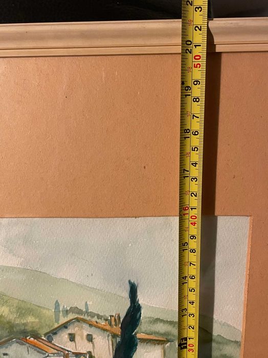 Tablou vechi original, acuarelă pe hârtie, peisaj cu bărci, an 1977, înrămat, semnat