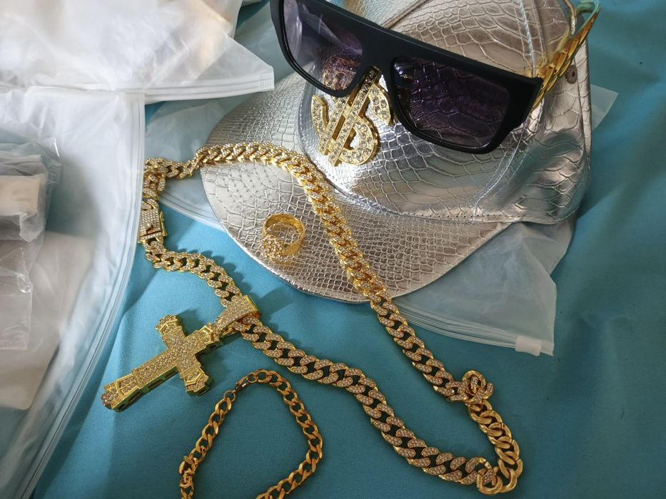 Set 5 Sapca Ochelari Soare Lant Bratara Inel Auriu Gold Argintiu Silve