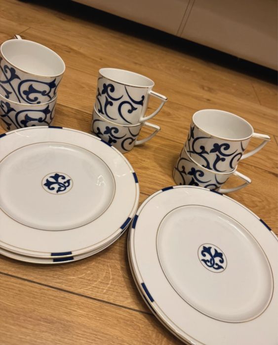 Serviciu cafea/ceai din porțelan fin, 12 piese, model arabesc albastru cu bordură aurie