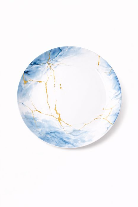 Set serviciu masa opal 32 piese, 6 persoane, alb cu model marmura gri si detalii aurii, farfurii si cesti incluse, model ONIX