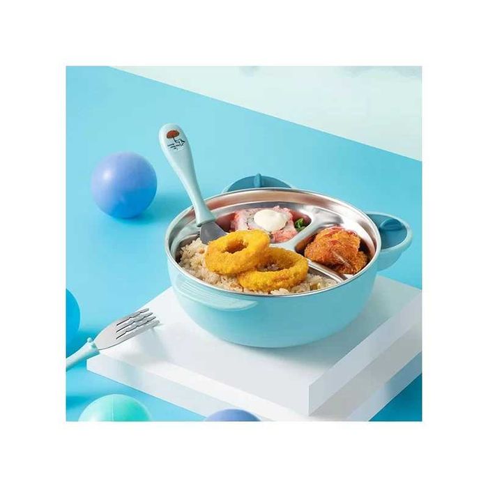 Bol termic copii, autoderapant, compartimentat, set tacamuri, albastru
