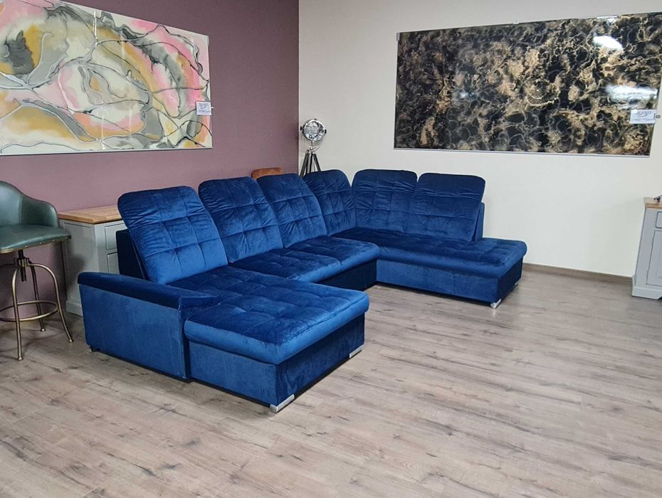 Син П образен ъглов диван от плат Nigrum с функция сън